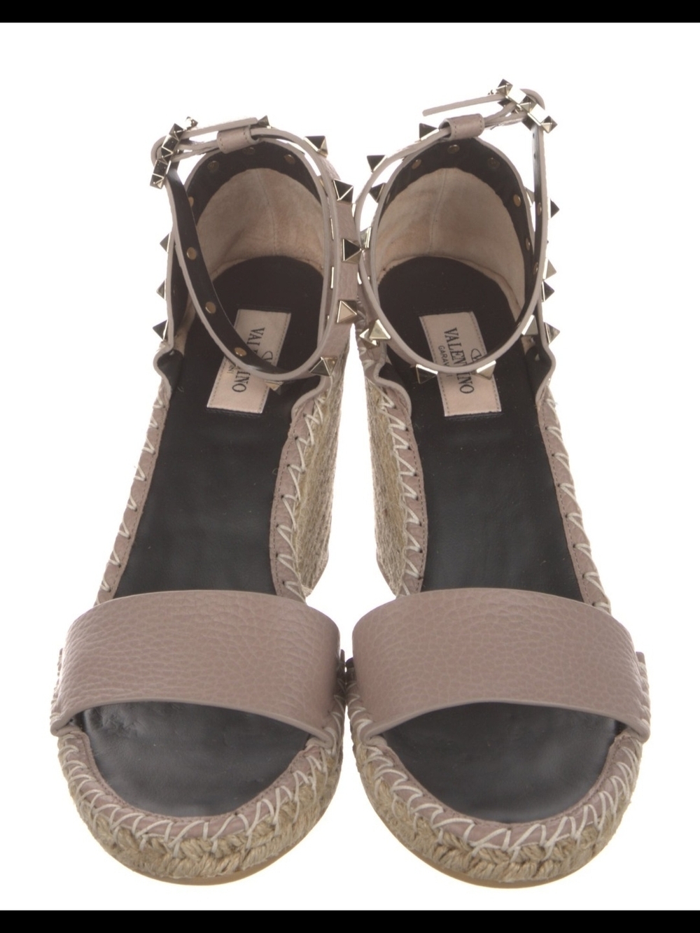Valentino Taupe Pyramid-Stud Ankle Strap Espadrille Wedges